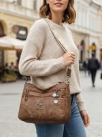 Women's Brown Faux Leather Crossbody Bag with Multiple - Image 10